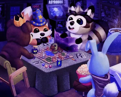 Illustrated anthropomorphic animal characters playing a board game in an arcade-lit room