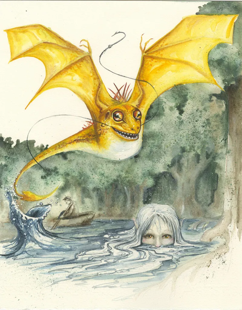 Watercolor illustration of a yellow winged dragon above a river where a pale figure submerges, with a small boat behind