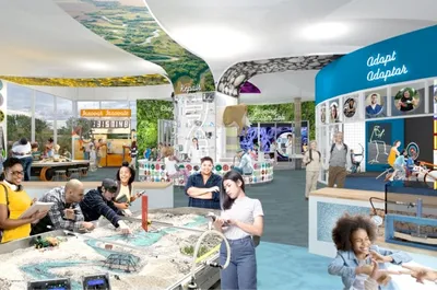 Architectural rendering of a bright interactive science museum interior with visitors exploring hands-on exhibits