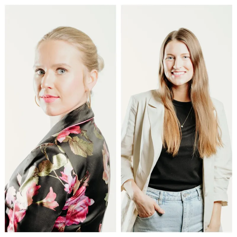 Side-by-side portraits of two women, one in a floral satin jacket, one in a blazer and jeans
