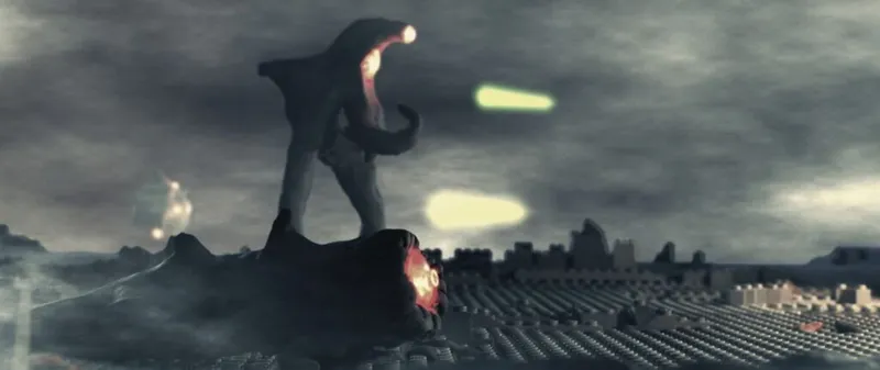 LEGO stop-motion scene with a dark creature looming over a fallen figure under stormy skies