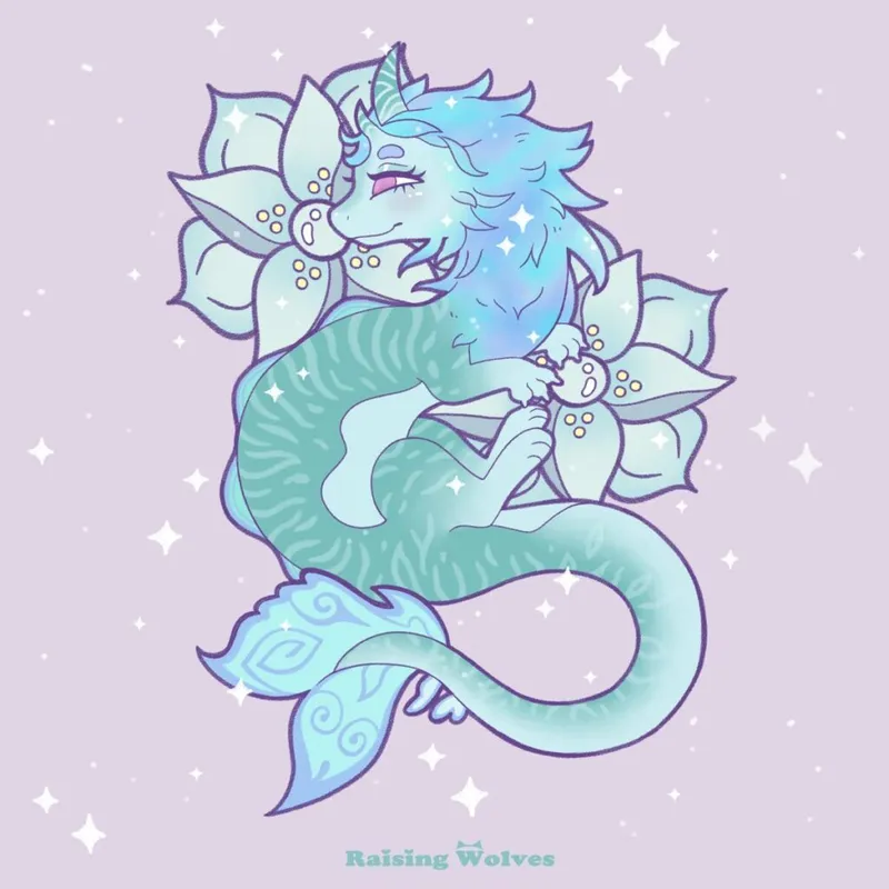 Pastel blue fantasy creature with a mermaid tail resting on flowers, digital illustration