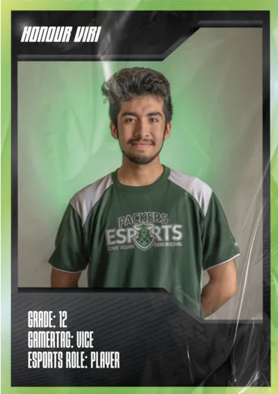 Young man in green Packers Esports jersey on a trading-card style graphic