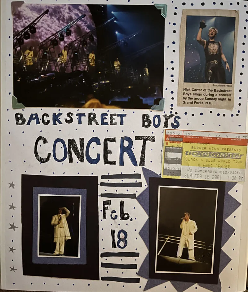 Handmade scrapbook page for a Backstreet Boys concert on Feb. 18 with photos and a Ticketmaster stub