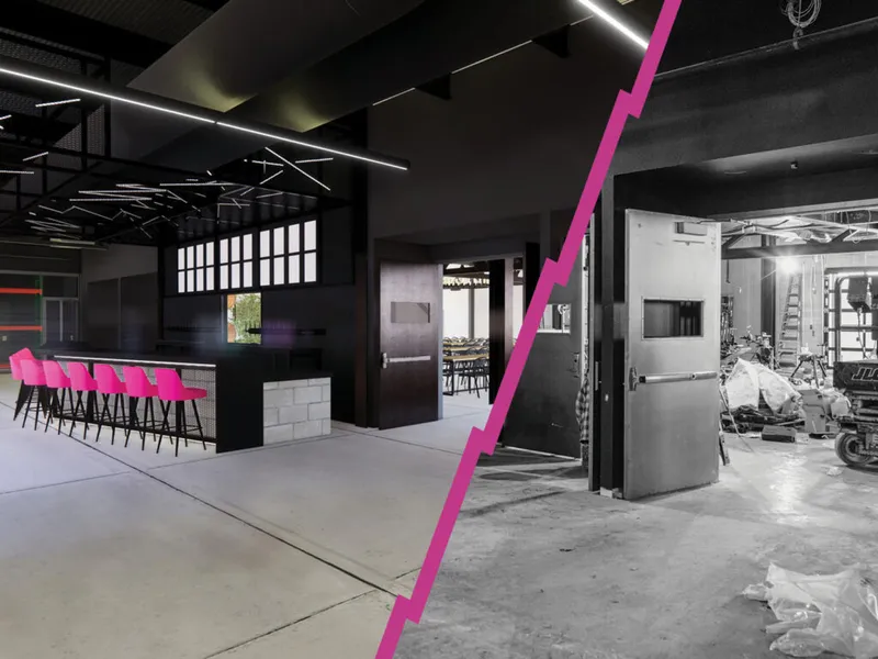 Split before-and-after view of a venue interior: construction site on right, finished space with pink bar stools and dark