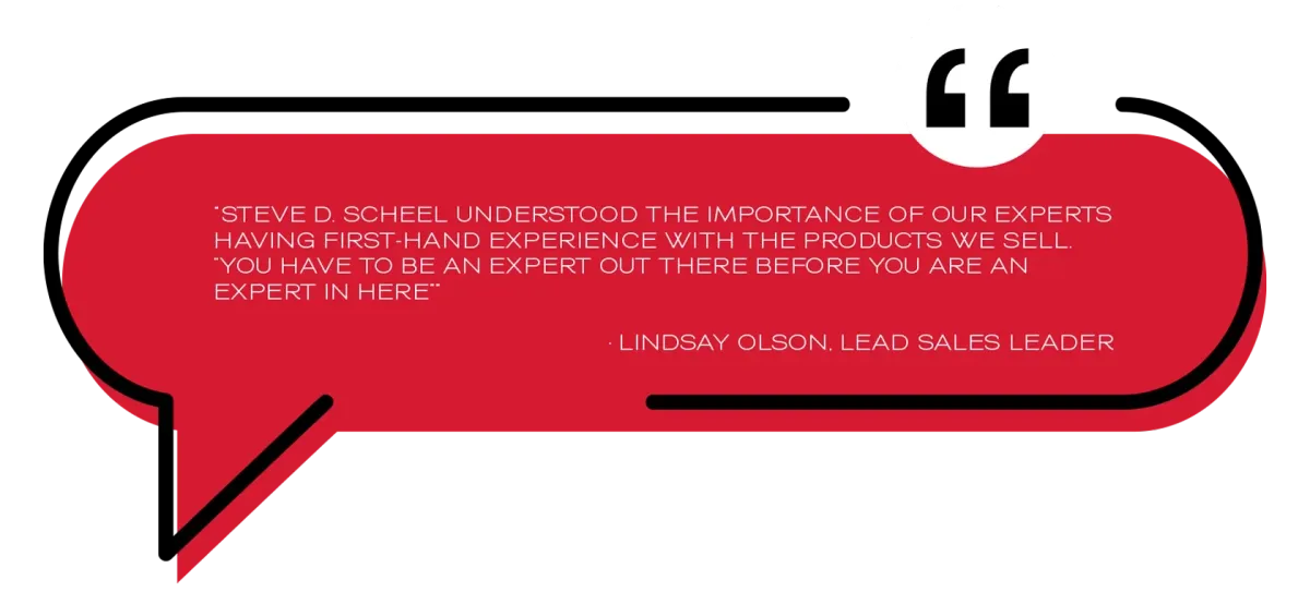 Red speech bubble with a quote from Lindsay Olson, Lead Sales Leader, about product expertise