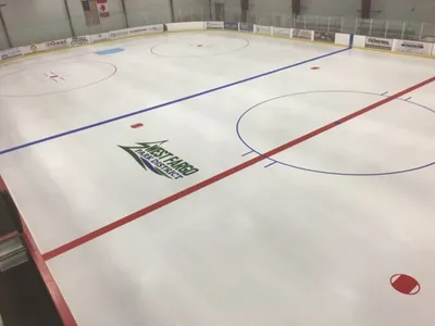 Indoor ice hockey rink with blue and red lines and a center logo
