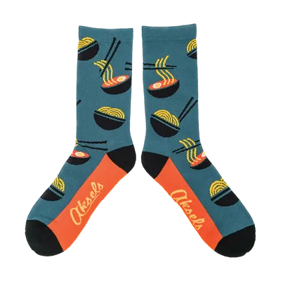Teal crew socks with ramen bowl print and orange heels
