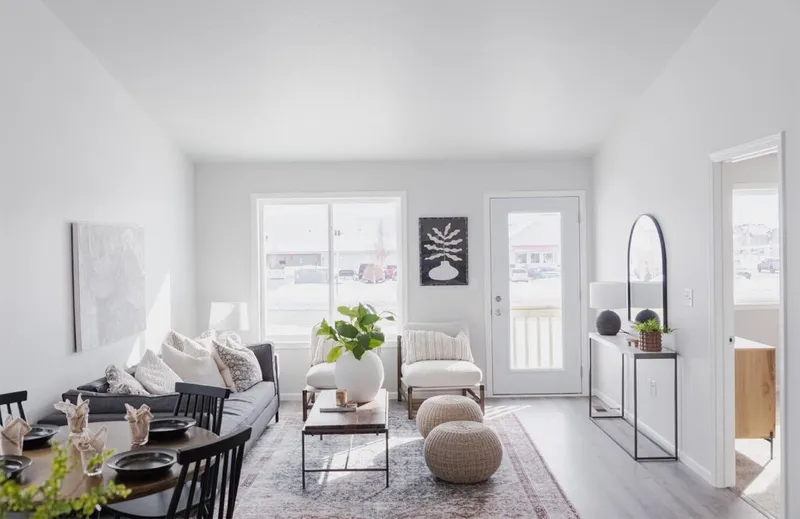 Bright white living room with gray sofa, woven poufs, potted plant, and arched floor mirror