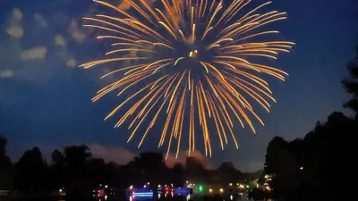 Golden fireworks burst over a dark lake with tree silhouettes and colorful lights below