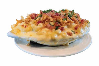 Baked mac and cheese topped with crispy bacon and fresh herbs on a white plate