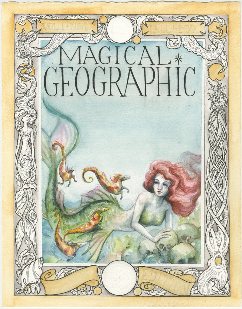 Watercolor magazine cover titled Magical Geographic featuring a red-haired mermaid with sea dragons and ornate illustrated