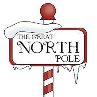 Illustrated sign reading The Great North Pole on a red and white striped pole with snow and icicles