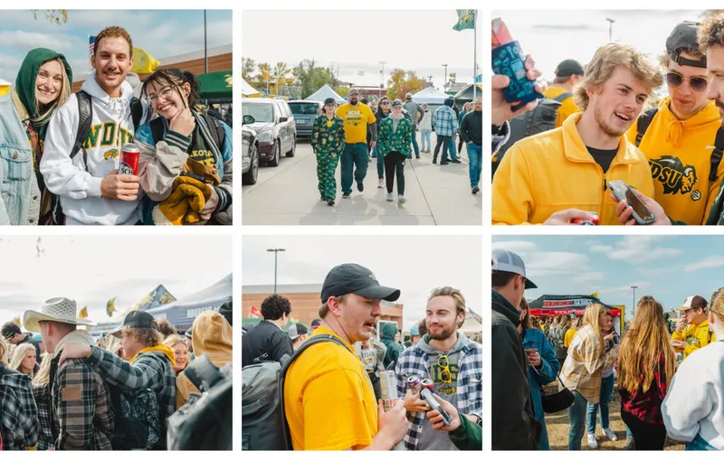 NDSU fans in green and gold gear socializing at an outdoor tailgate party