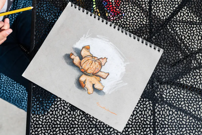 Spiral-bound sketchbook open to a colored-pencil drawing of a mandarin orange on a metal lattice table