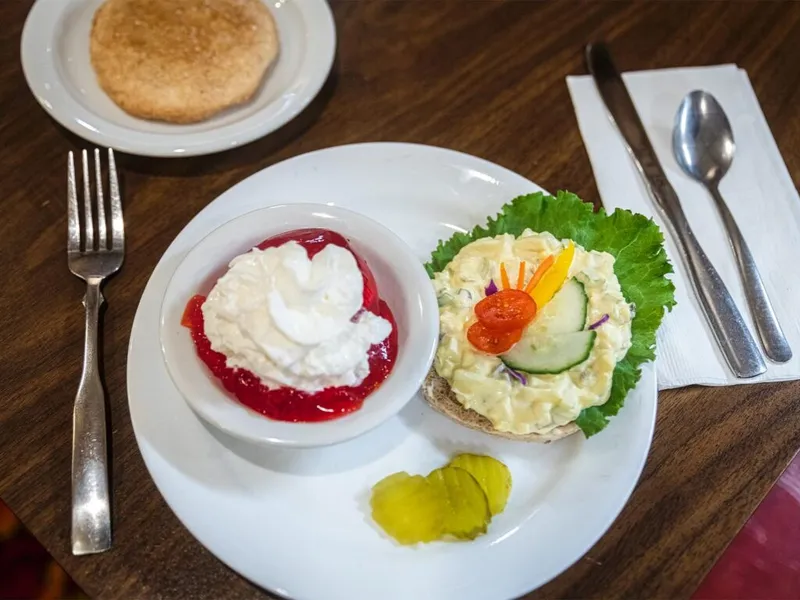 Open-faced egg salad sandwich on a bun with pickles and a small bowl of whipped cream over berry sauce