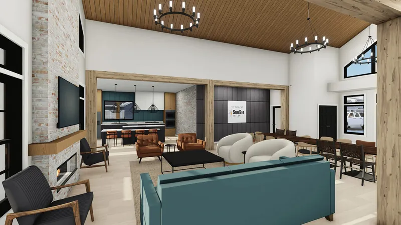 Architectural rendering of a modern clubhouse interior with vaulted wood ceiling, teal sofa, stone fireplace, and open