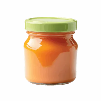Small glass jar filled with orange purée and sealed with a green lid