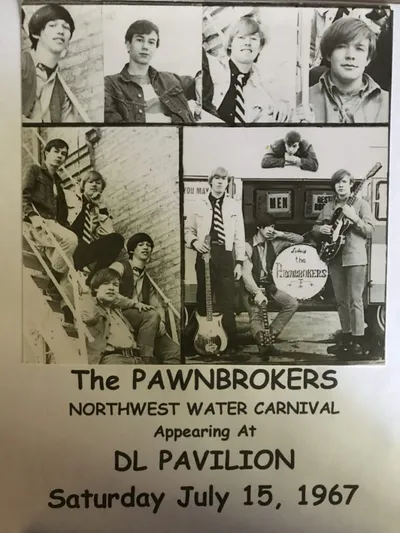 Vintage 1967 flyer for The Pawnbrokers featuring black-and-white photos of the band members with guitars
