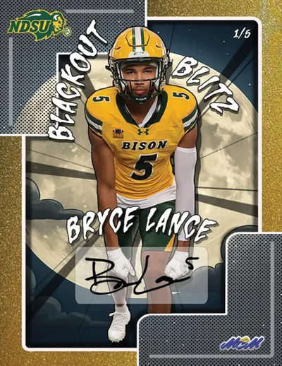 NDSU Bison football trading card numbered 1/5 featuring player Bryce Lance in yellow jersey