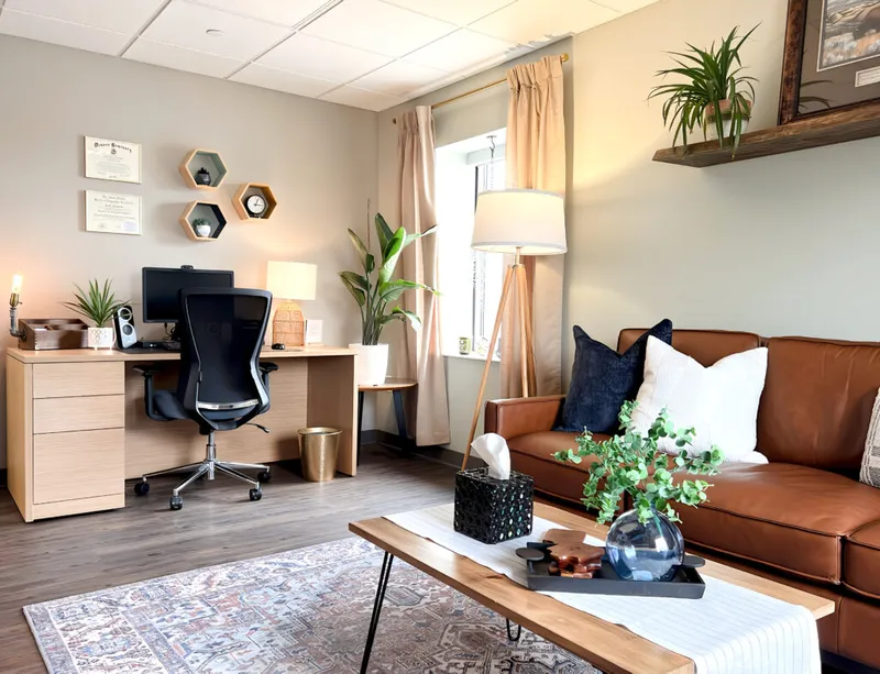 Styled office with tan leather sofa, wood desk, hexagon wall shelves, and warm neutral decor