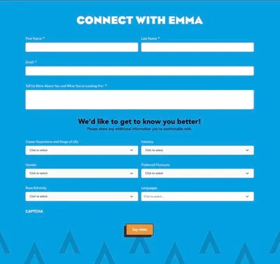 Blue web form titled 'Connect with Emma' with name, email, and dropdown fields
