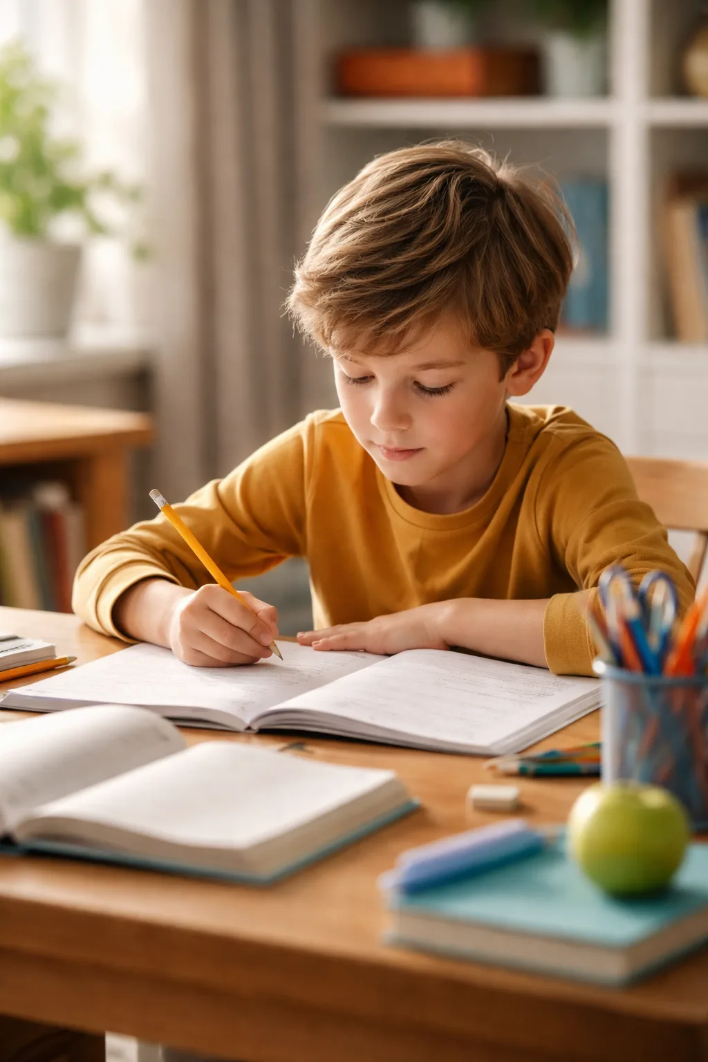 Young boy in a yellow shirt writing in a notebook at a wooden desk with pencils and an apple nearby