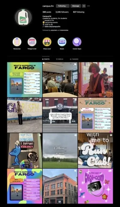 Campus.fm Instagram profile grid showing colorful posts about Fargo events and local life
