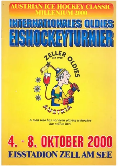 Yellow poster for a 2000 Austrian oldies ice hockey tournament in Zell am See