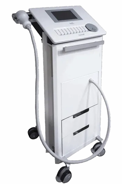 White medical aesthetic machine on wheels with a screen, keypad, and two flexible hose attachments