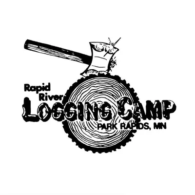 Rapid River Logging Camp logo with axe embedded in a wood stump, Park Rapids MN