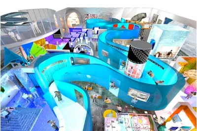 Colorful architectural rendering of a modern science museum interior with winding blue walkways