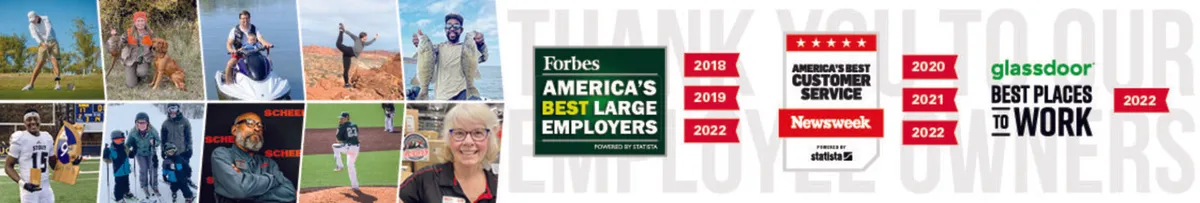 Collage of employee photos alongside Forbes, Newsweek, and Glassdoor workplace award badges