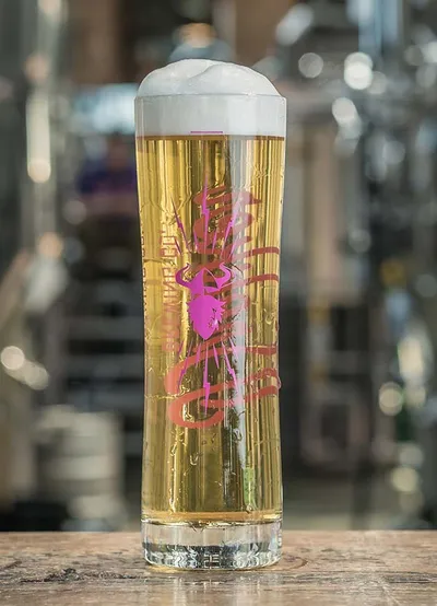 Tall pilsner glass of golden beer with white foam head and pink scorpion graphic, set on a marble surface inside a brewery