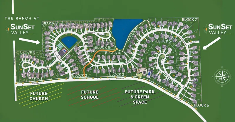 Color-coded subdivision plat map of The Ranch at Sunset Valley showing numbered lots, blocks, ponds, and future church