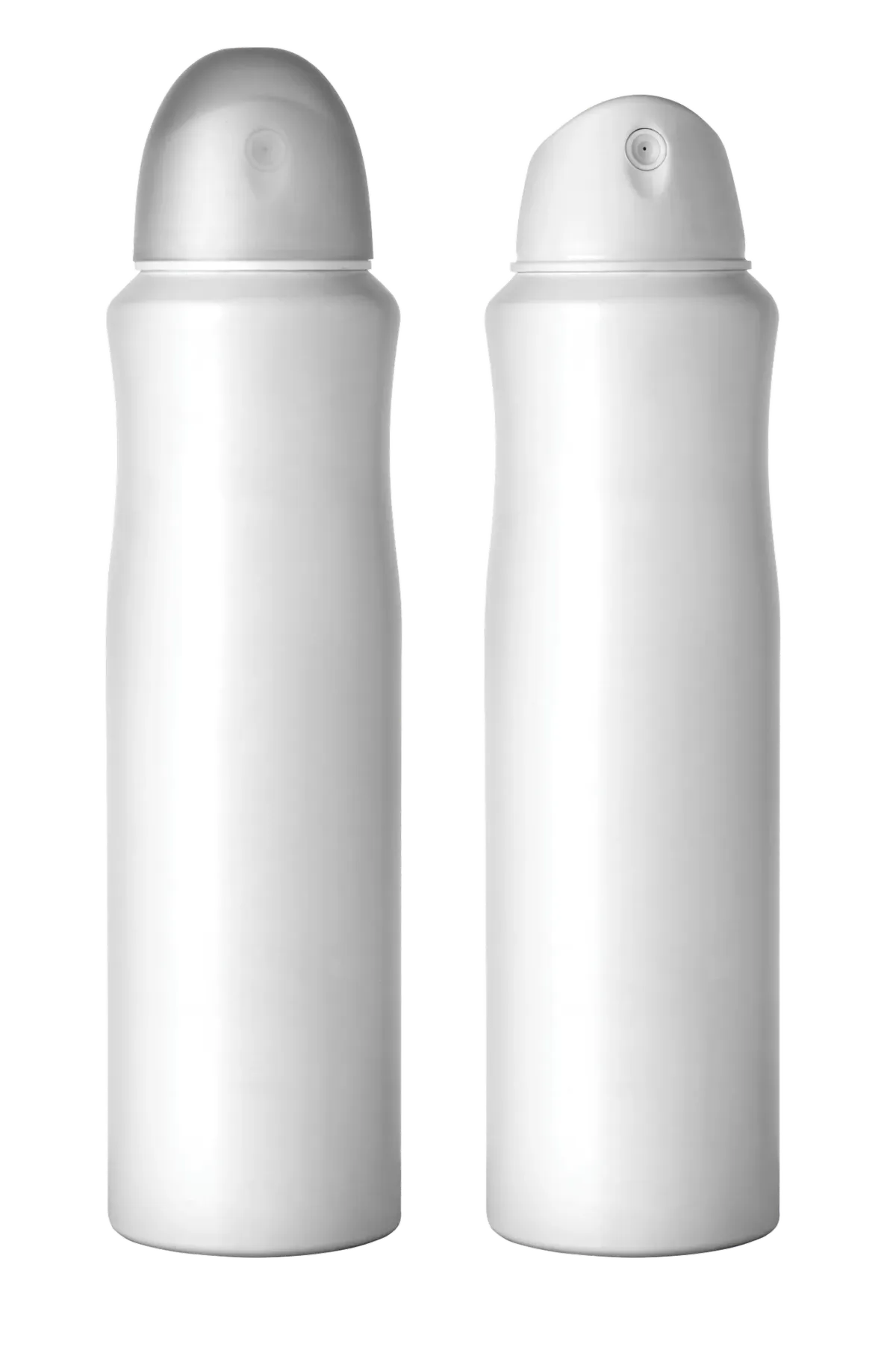 Two unlabeled white aerosol spray cans on a white background