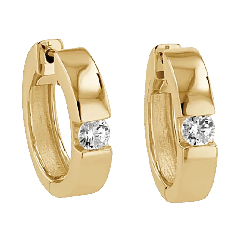Pair of polished gold huggie hoop earrings each set with a round clear stone
