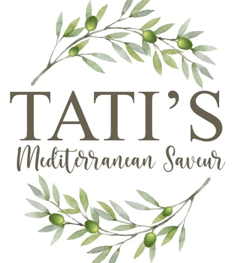 Tati's Mediterranean Saveur logo with watercolor olive branches