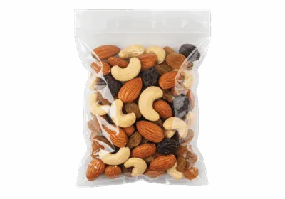 Clear resealable bag filled with mixed nuts and dried fruit