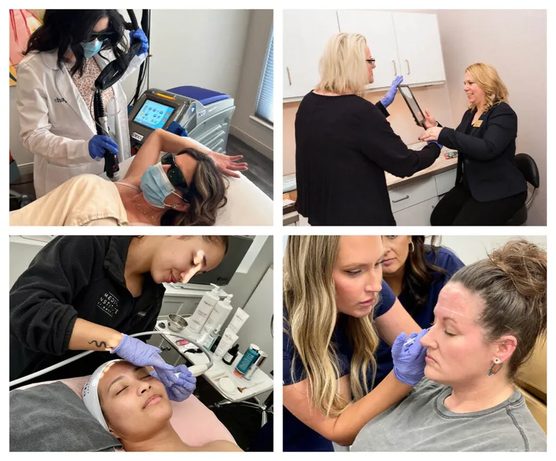 Four-panel collage of estheticians performing laser, facial, and skin treatments on clients in a clinical studio