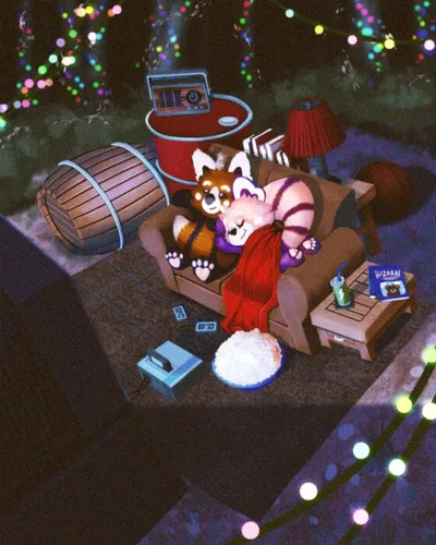 Illustrated cartoon animals cuddled on a couch surrounded by fairy lights and books
