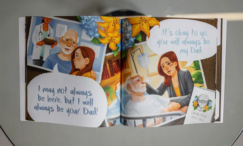 Open illustrated children's book showing a daughter comforting an elderly father in a hospital bed with emotional speech