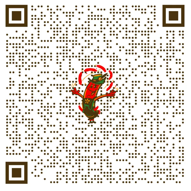 QR code with a cartoon dancing sausage mascot in a green hat at its center