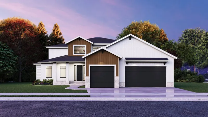 Two-story modern farmhouse with wood and white siding, three-car garage, and dusk sky