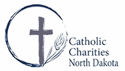 Catholic Charities North Dakota logo with a cross and wheat sprig inside a circle