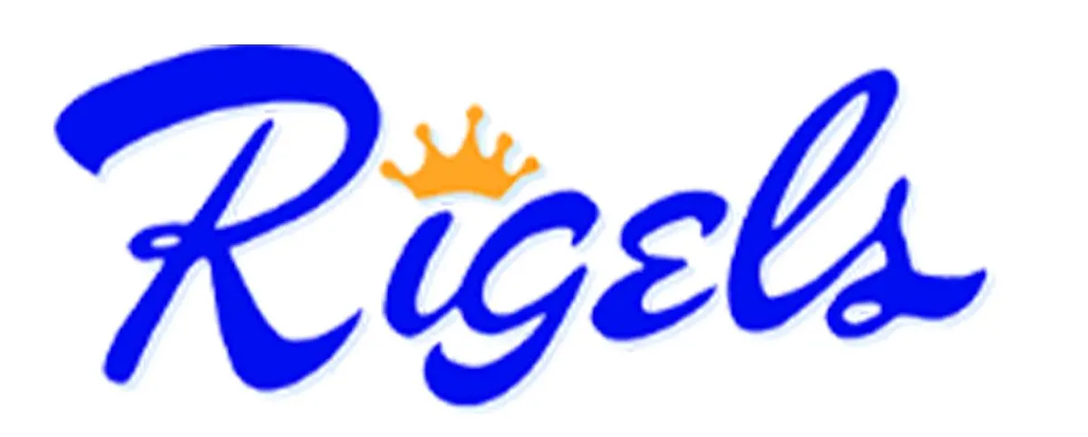 Rigels logo in blue cursive script with a small orange crown