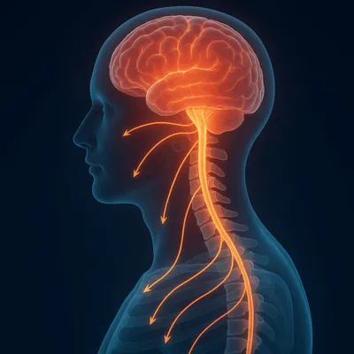 Medical illustration of a human head in profile showing a glowing brain and nerve pathways