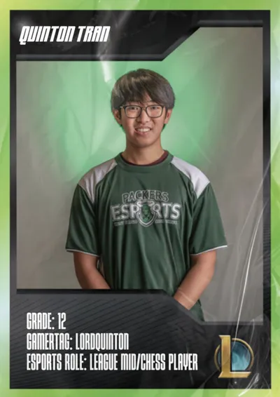 Smiling teen in a green Packers Esports jersey on a trading-card style graphic
