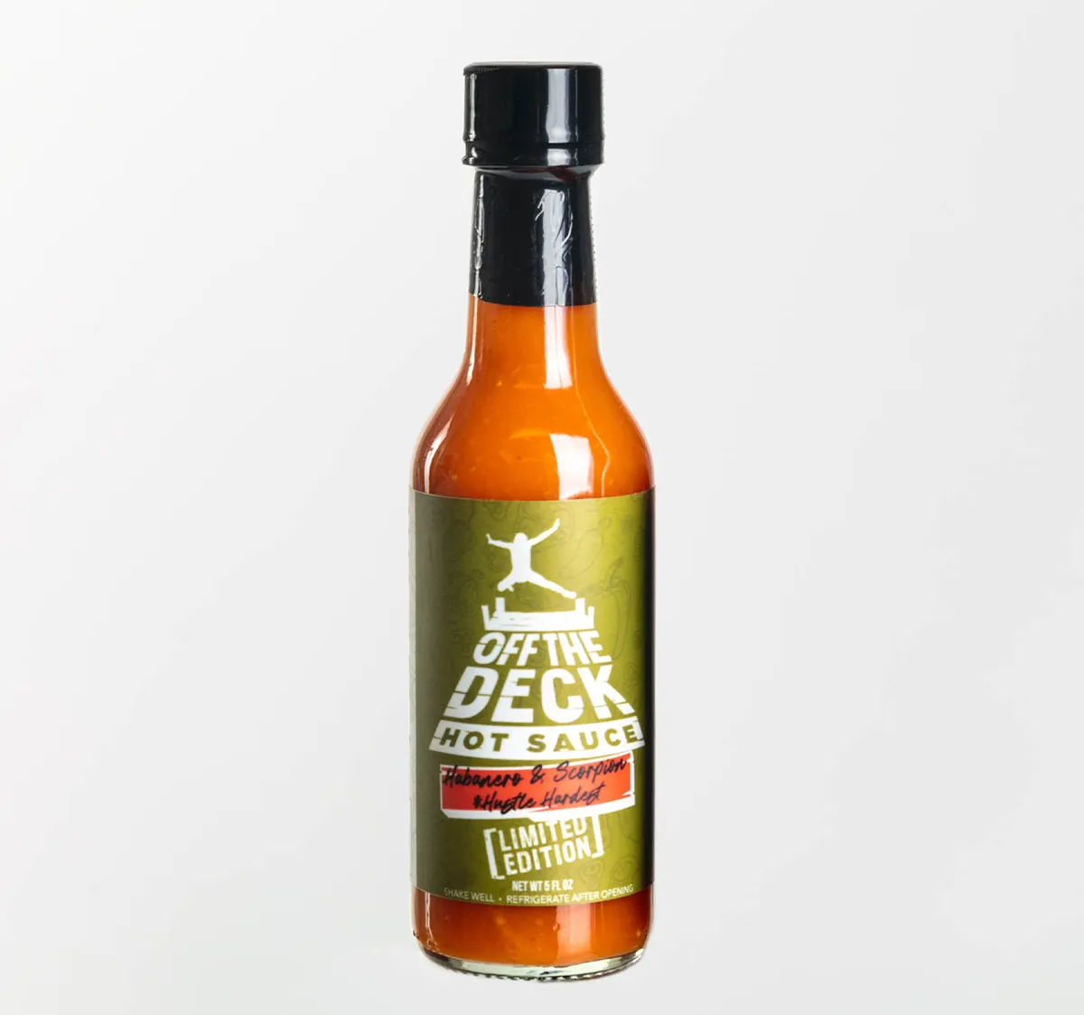 5 fl oz bottle of Off The Deck habanero and scorpion hot sauce, limited edition