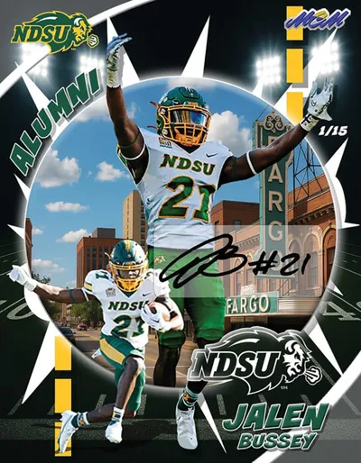 Signed NDSU football alumni mini poster featuring player #21 Jalen Bussey with Fargo backdrop